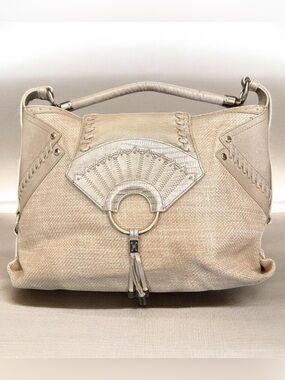 Cole Haan straw studded, fan-shaped leather detail tassel shoulder bag